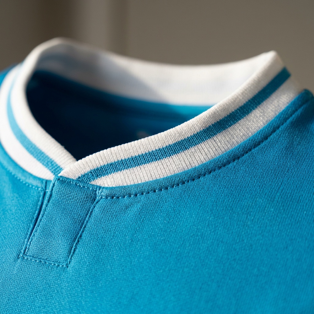 Close up of the ribbed crew collar on the Coastal Blue Home Kit