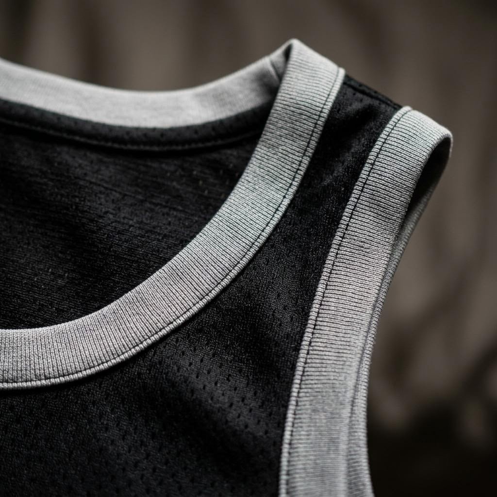 Close up of the sleeveless mesh collar on the Hardwood Mono Basketball Jersey