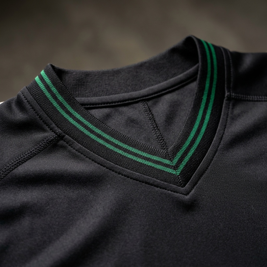 Close up of the bound V-neck collar on the Night Match Black Kit
