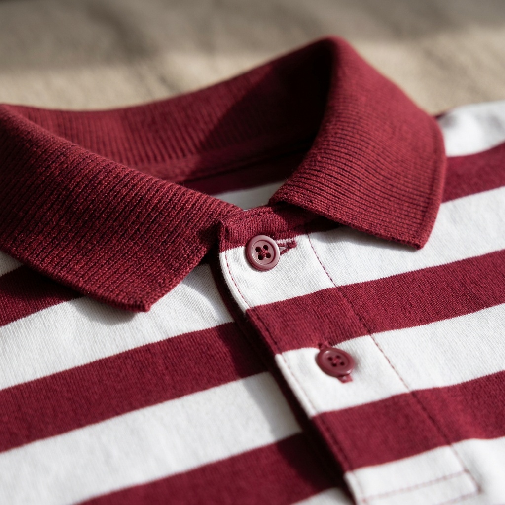Close up of the button placket polo collar on the Retro Stripe Classic Shirt