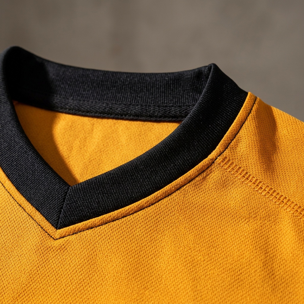 Close up of the ribbed crew collar on the Sunset Amber Training Jersey