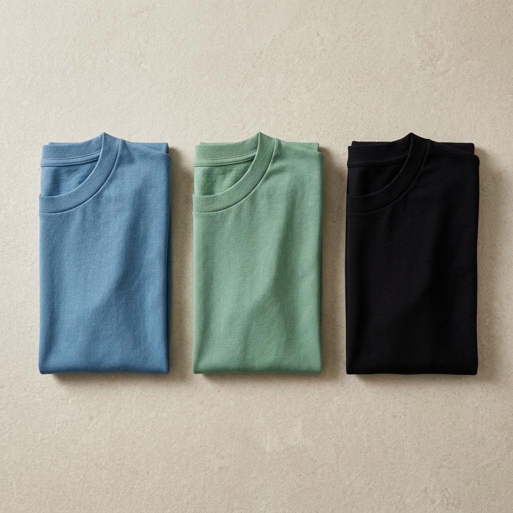 Folded original theme jerseys in coastal blue, meadow green and night black arranged on a neutral surface